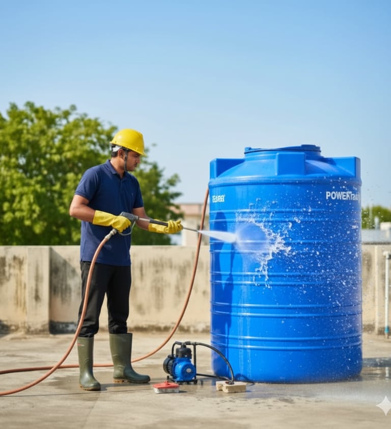 A worker in a hard hat uses a high-pressure washer to clean a blue plastic water storage tank on a rooftop.