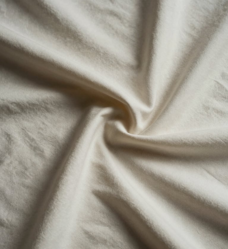 An abstract photographic study of light and shadow on a wrinkled soft off-white fabric, creating deep charcoal folds and sophisticated textural depth.