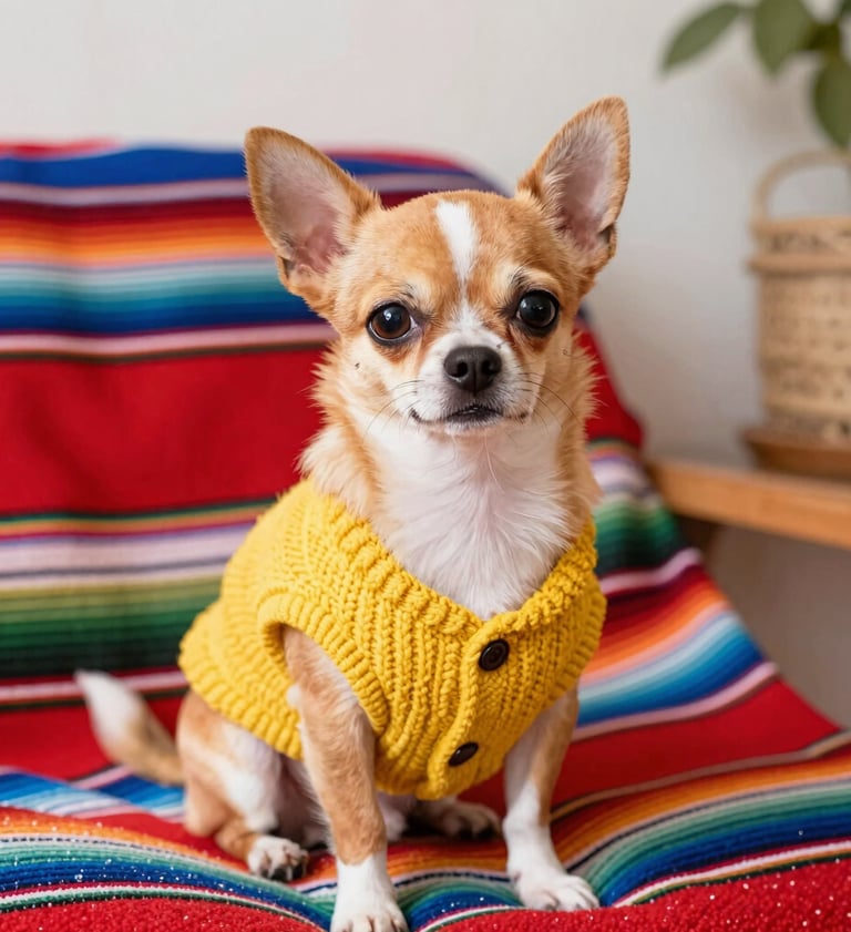 Un cachorro de chihuahua marrón y blanco con un cómodo suéter amarillo de punto para perros sentado 