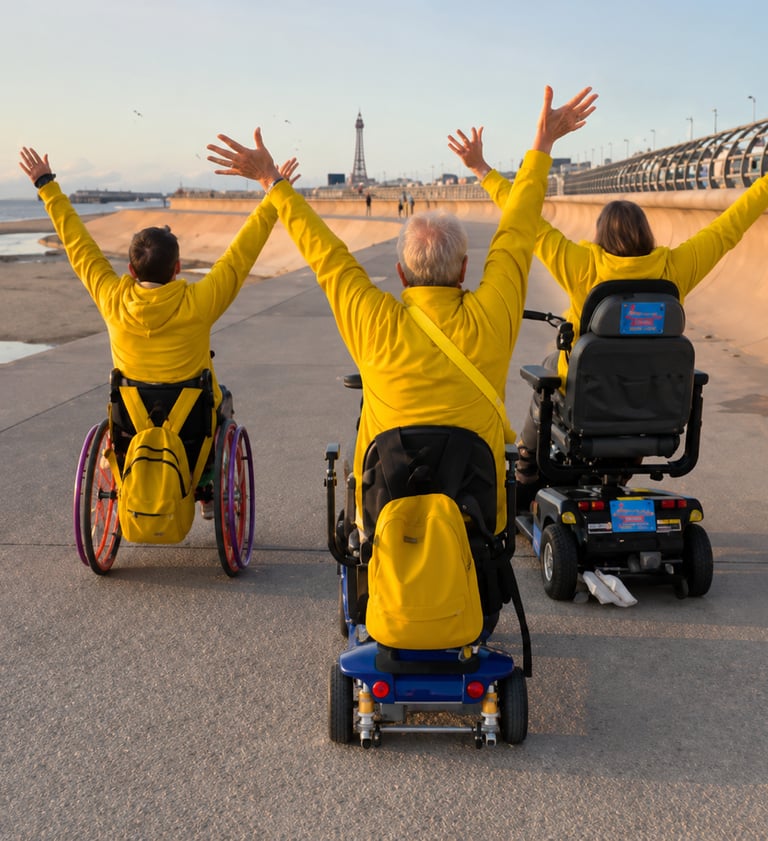Three wheelchair users enjoying an accessible seaside promenade.