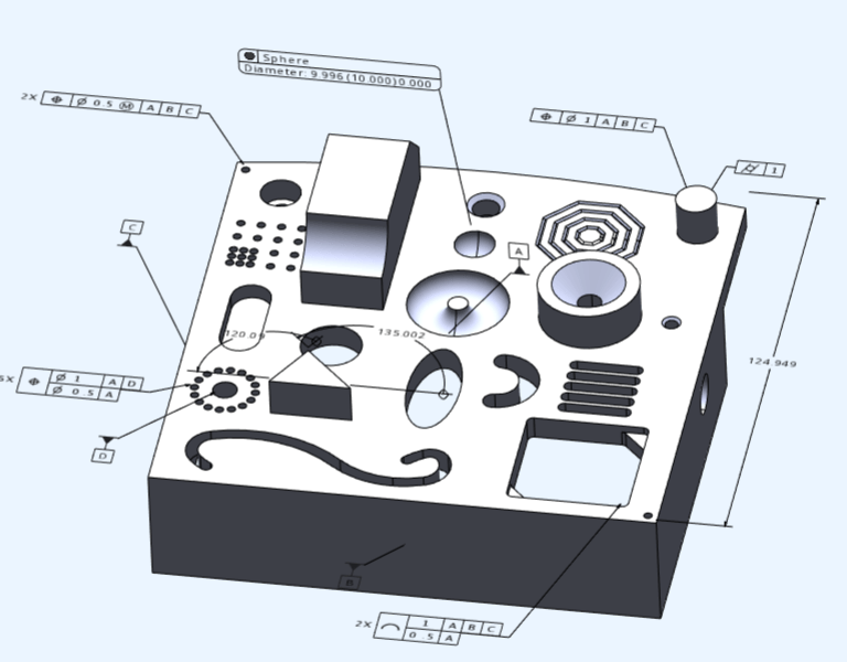 CAD image of component with fully defined inspection dimensions and feature control frames.