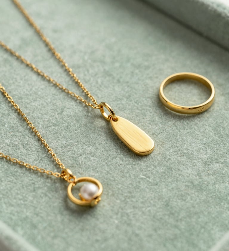 Photography of delicate gold jewelry items arranged on a soft sage green velvet surface. The composition is artistic and editorial, reflecting a North American / Western European luxury brand aesthetic. Bright, airy lighting captures the warm glow of the gold.