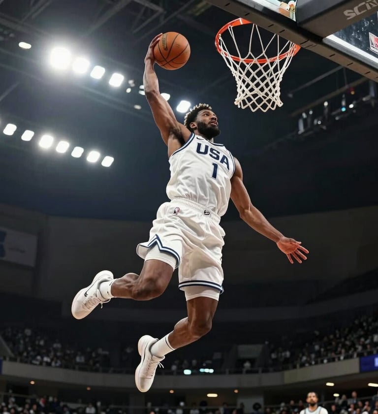 Low angle shot of a professional basketball player mid-air during a dunk, dramatic stadium lighting in off-white against a dark charcoal sky, high-tech sports apparel, North American / US city court, sharp focus on motion and power.