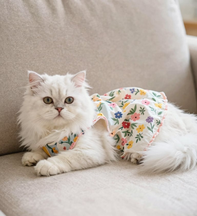 Un gato persa blanco y esponjoso luce un colorido vestido estampado de flores mientras descansa en u
