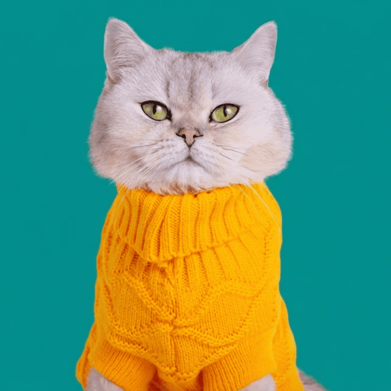Un adorable gato blanco y esponjoso con un suéter de punto naranja brillante sobre un fondo azulado.