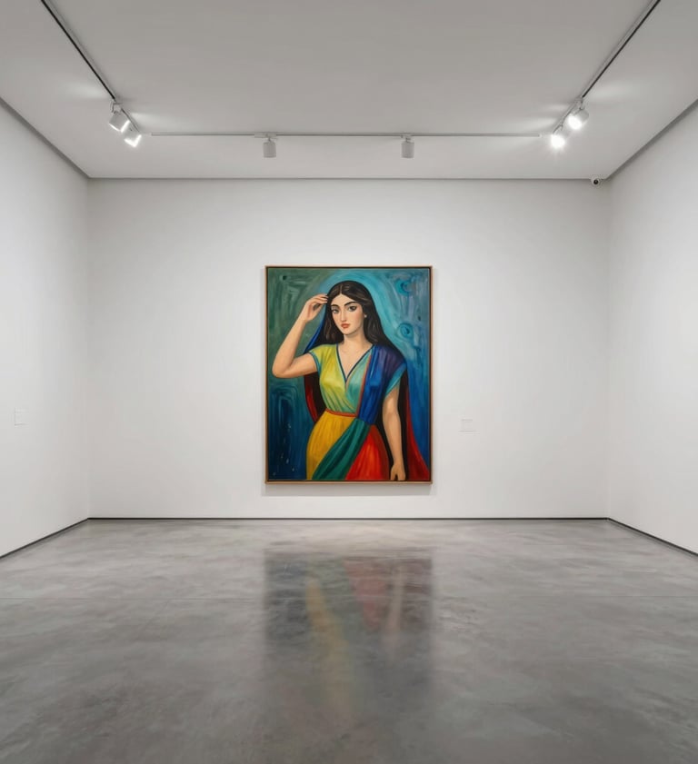 A wide-angle, minimalist photography of a white-walled museum gallery in the Middle East. A single, massive colorful painting by Khaled Tirikli featuring the female figure is centered on the far wall. Polished grey floors and bright, professional spotlights.