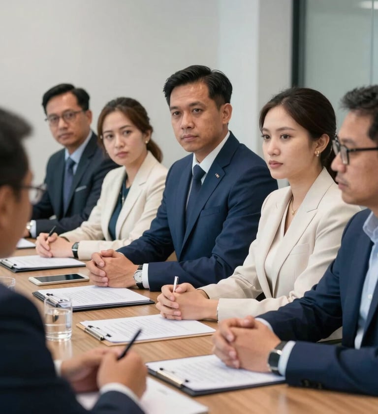 A candid shot of professional collaboration in a Southeast Asian / Indonesian corporate boardroom, people discussing a project with serious but calm expressions, dressed in smart slate blue and off-white attire.
