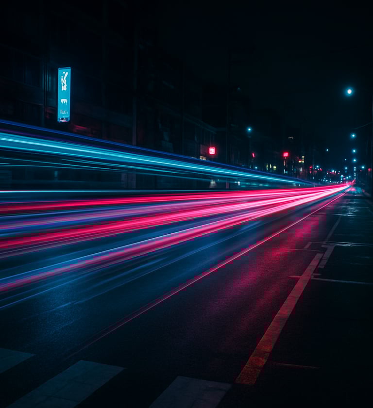 Abstract motion blur photography of urban traffic lights at night, long exposure, streaks of electric cyan and magenta light cutting through dark charcoal streets, East Asian / Korean urban.