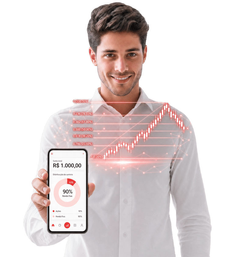Investidor sorridente segura celular com saldo de R$ 1.000. Projeção holográfica vermelha de Fibonacci acima da tela