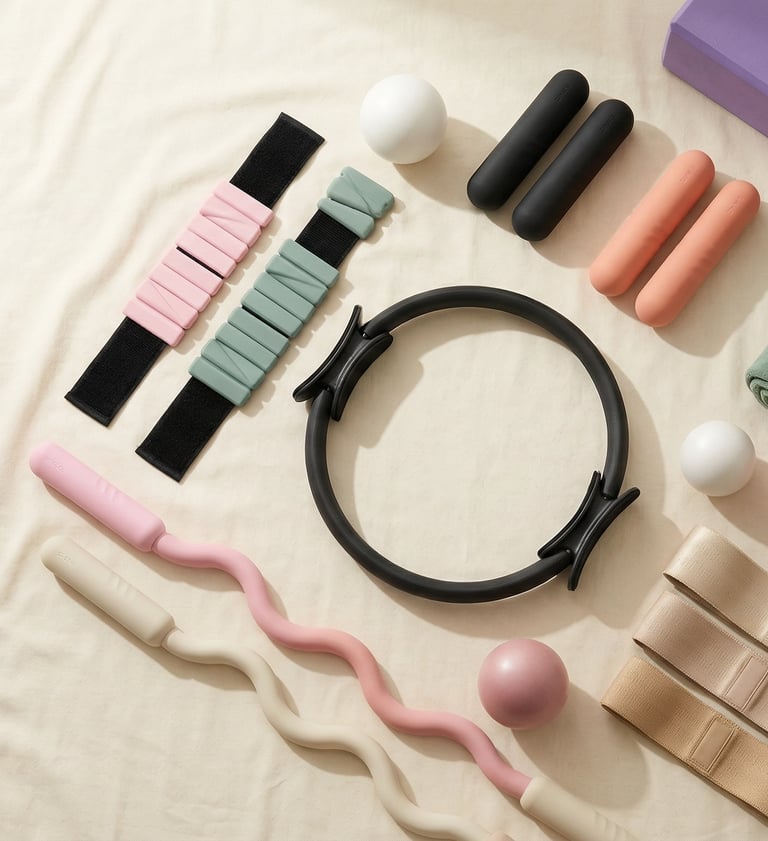 A collection of colorful pilates and yoga equipment including a magic circle, dumbbells, and resistance bands.