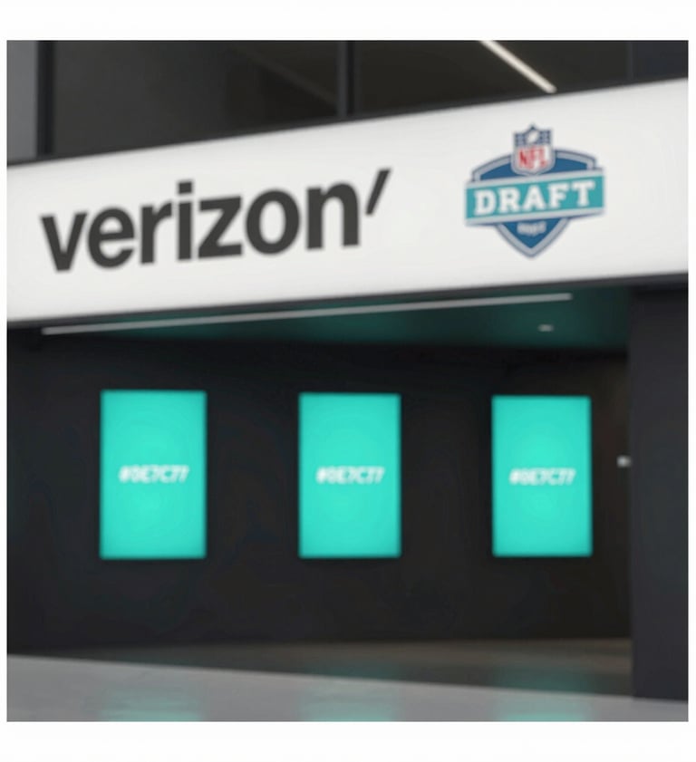 A sophisticated architectural photo of a Verizon flagship interior during the NFL Draft. Minimalist design, sharp lines, with digital displays glowing in #0E7C7B teal against #111111 dark interiors. High-end editorial style.