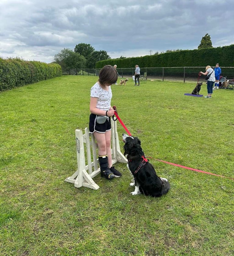 A junior trainer works with her border collie during an adolescent dog training class outdoors