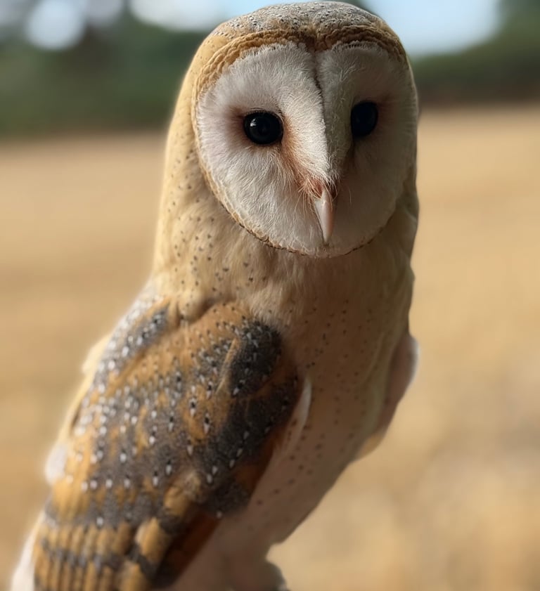 A beautiful female barn owl sits on a post in front of a field of wheat