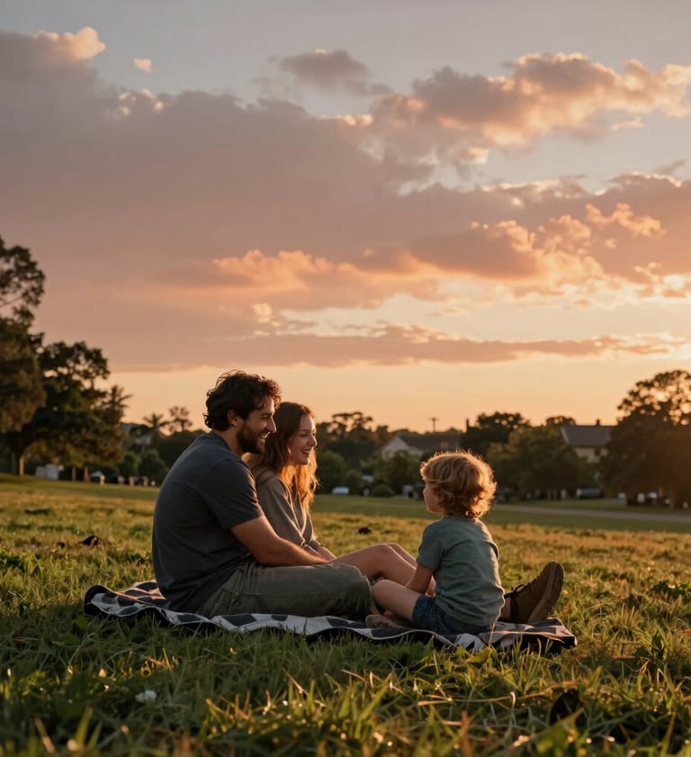 A couple sitting on a charcoal blanket in a North American / US park during golden hour, laughing as they watch their kids. Authentic, sun-drenched environment, cinematic composition with warm terracotta highlights in the sunset sky.