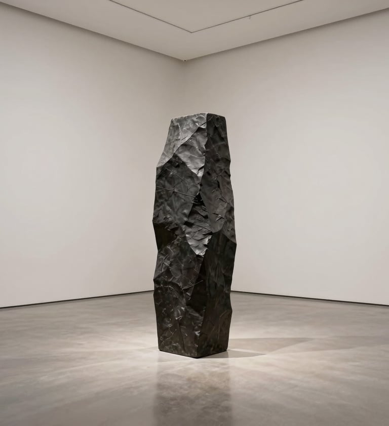 A minimalist art photograph of a single dark charcoal monolithic sculpture standing in the center of a vast, empty gallery room with off-white walls and polished light gray floors. Soft, high-end museum lighting. North American / Western European context.