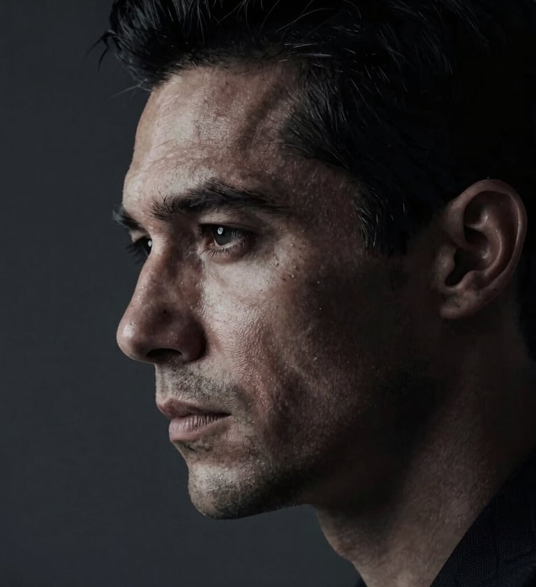 A close-up dramatic portrait of a male actor in profile, half-submerged in shadow. Hard cinematic lighting highlighting the texture of the skin. Dark palette with #0F0F0F and #333333 tones.