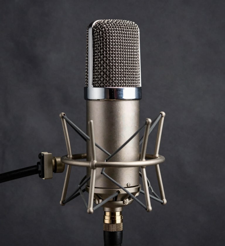 A close-up photograph of a professional studio microphone with a polished chrome finish, standing against a dark grey textured backdrop. Moody, industrial lighting with sharp reflections, North American studio setting.