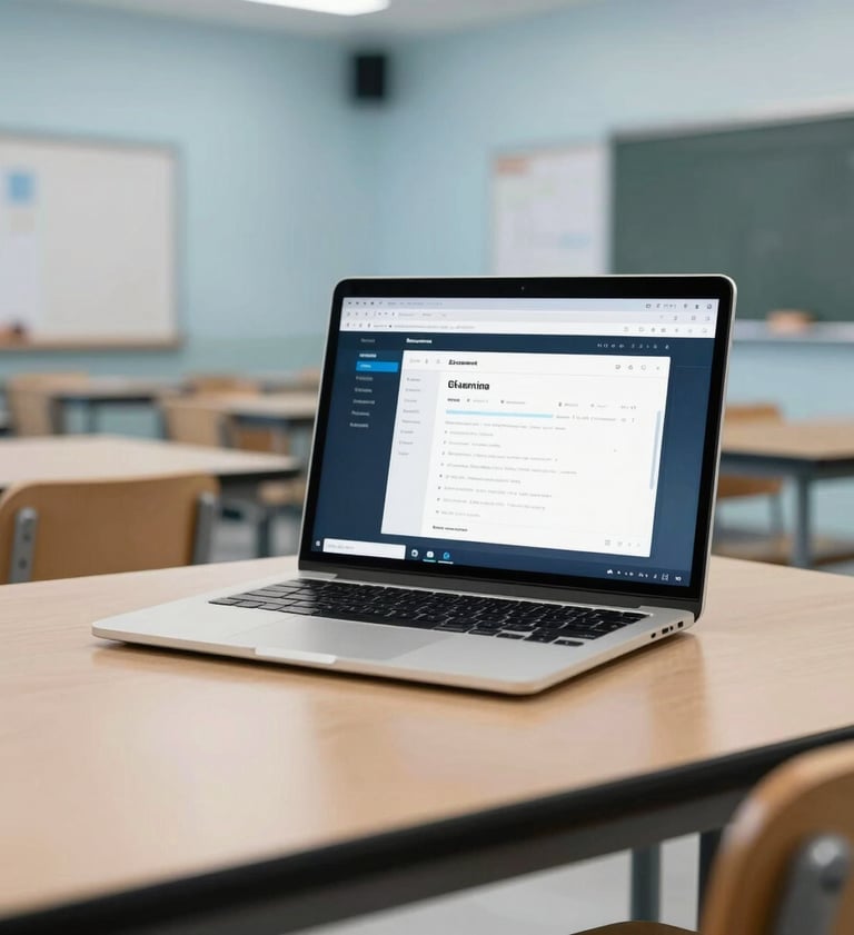 A clean, modern workspace in a North American / US school building, featuring a laptop screen with an eLearning interface, pale misty blue environment.