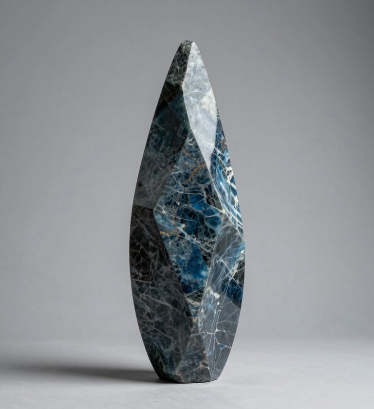 A minimalist studio shot of a sculpture made of slate blue glass, catching the light against a mist grey wall. Sophisticated and high-end.