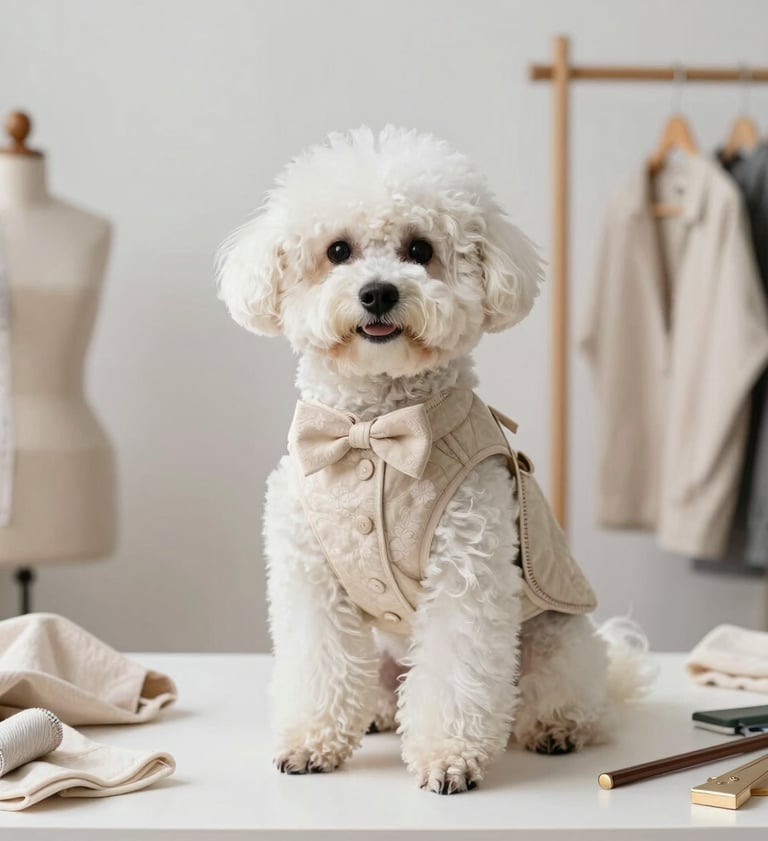 Un pequeño perro Bichon Frise blanco con una elegante pajarita beige y un chaleco en un estudio.