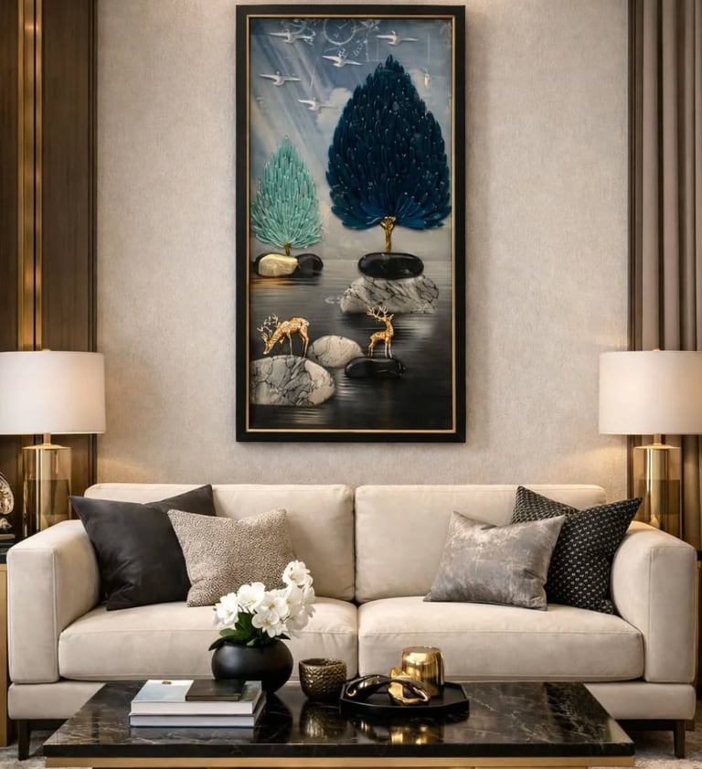 Modern luxury living room with a beige sofa, marble coffee table, and abstract 3D wall art featuring gold deer.