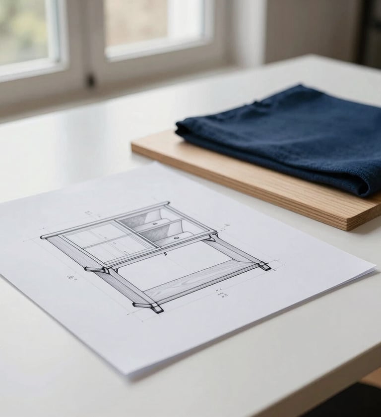 A close-up photograph of a highly detailed technical furniture drawing on a white desk. Beside it, a sample of light wood and navy blue fabric. Soft natural light from a Northern European / Baltic window, minimalist and clean composition.