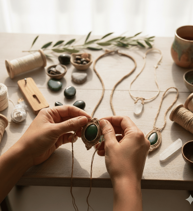 Joyería de macramé hecha a mano siendo elaborada con piedras preciosas verdes, cordón de cáñamo.