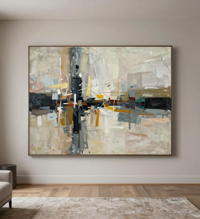 A wide photography shot of a large-scale abstract painting hanging in a sophisticated, uncluttered North American home, surrounded by minimal decor and soft neutral tones.