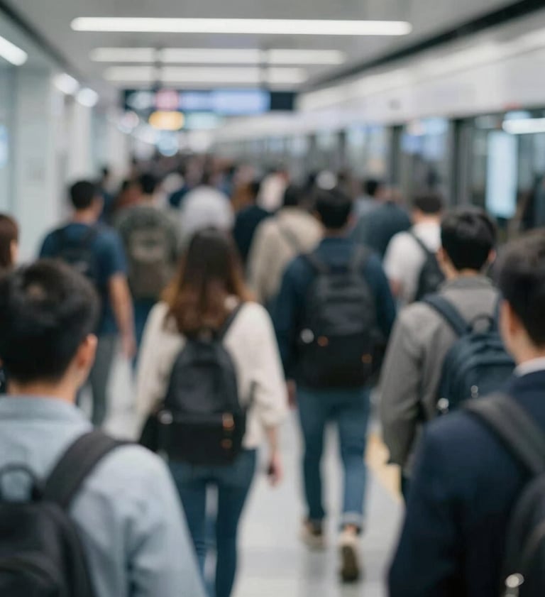 A blurred, long-exposure shot of a crowd in a transit hub, conveying anonymity and the flow of information. The lighting is soft and modern, using #607D8B and #F5F5F5 to create a professional, journalistic atmosphere.