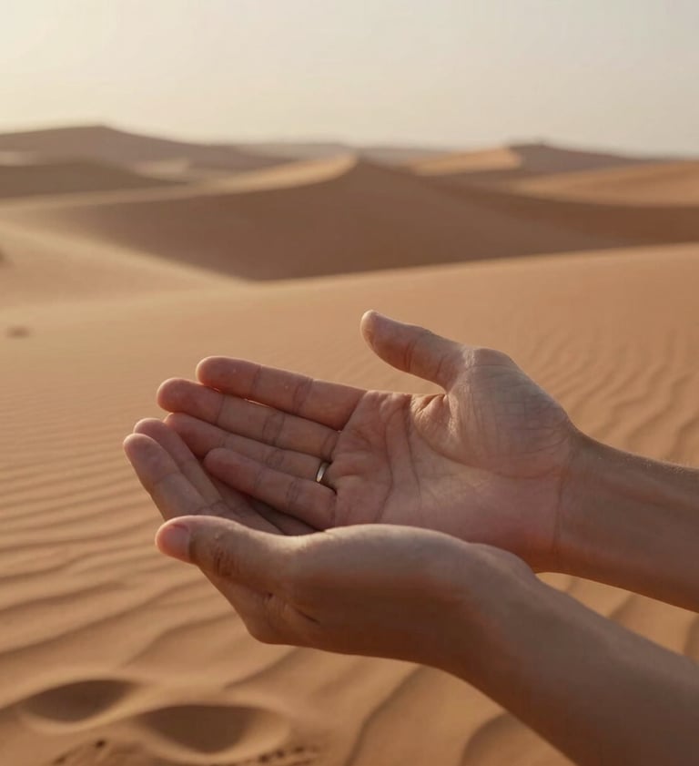 A close-up cinematic shot of two hands gently holding, set against a background of warm burnt terracotta desert dunes in a Middle Eastern / Gulf landscape, golden afternoon light.