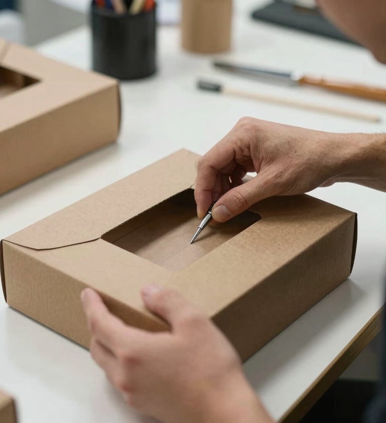 A creative professional in a North American / US design studio is carefully assembling a physical packaging prototype. Only the hands are visible, showing meticulous craftsmanship and attention to detail.