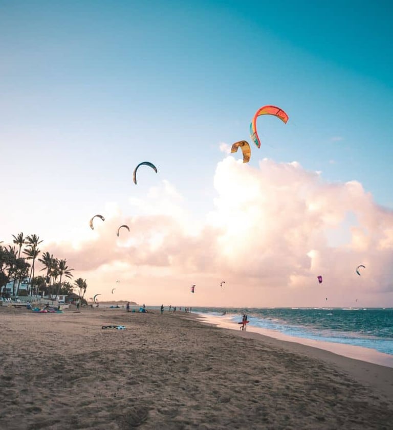 a beach with people flying kites and kites in cabarete dominican republic