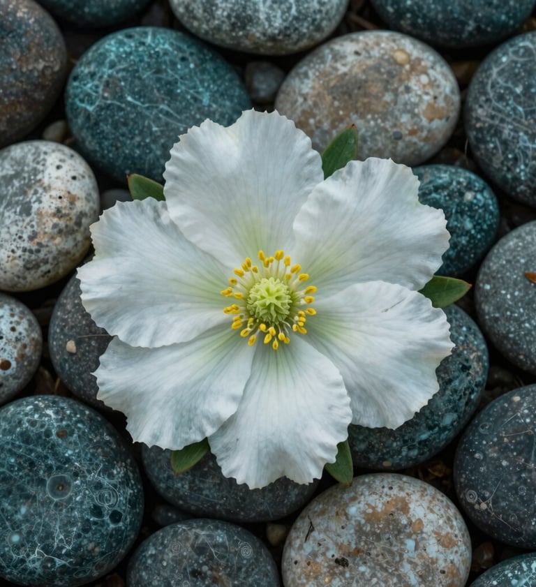 An artistic overhead shot of a single mountain flower surrounded by smooth river stones. The color palette features soft white, pale green, and dark teal. The lighting is soft and natural, emphasizing a calm and professional photography style found in North American fine art galleries.