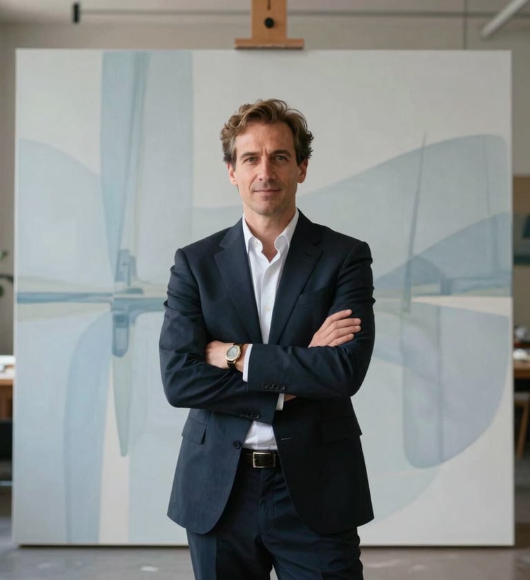 A professional portrait of an artist standing confidently in front of a large canvas in a modern European / French loft. The canvas features abstract light blue-grey patterns. Morning light, sophisticated and welcoming vibe.