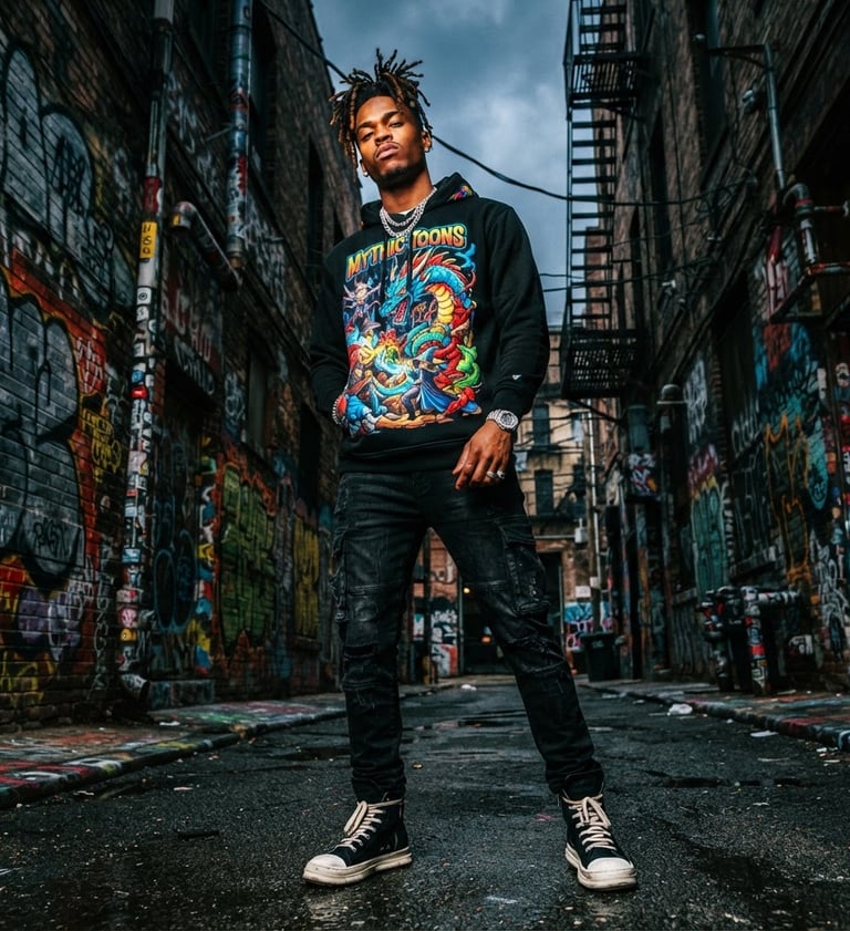 Dynamic low-angle shot of a male model wearing a Mythic Toons hoodie with a vibrant, legendary cartoon character design, standing in an urban alley with graffiti, high-contrast studio lighting, bold saturated colors, 35mm film style, image bleeding to the right edge of the canvas.