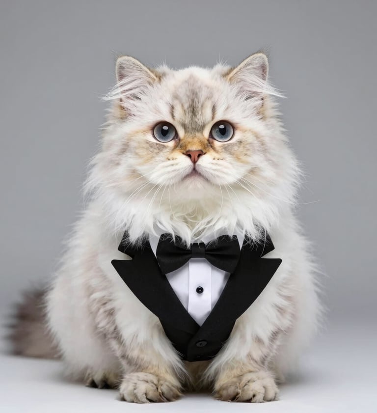 Un gato ragdoll de pelo largo y ojos azules que lleva una camisa azul sobre un fondo gris.