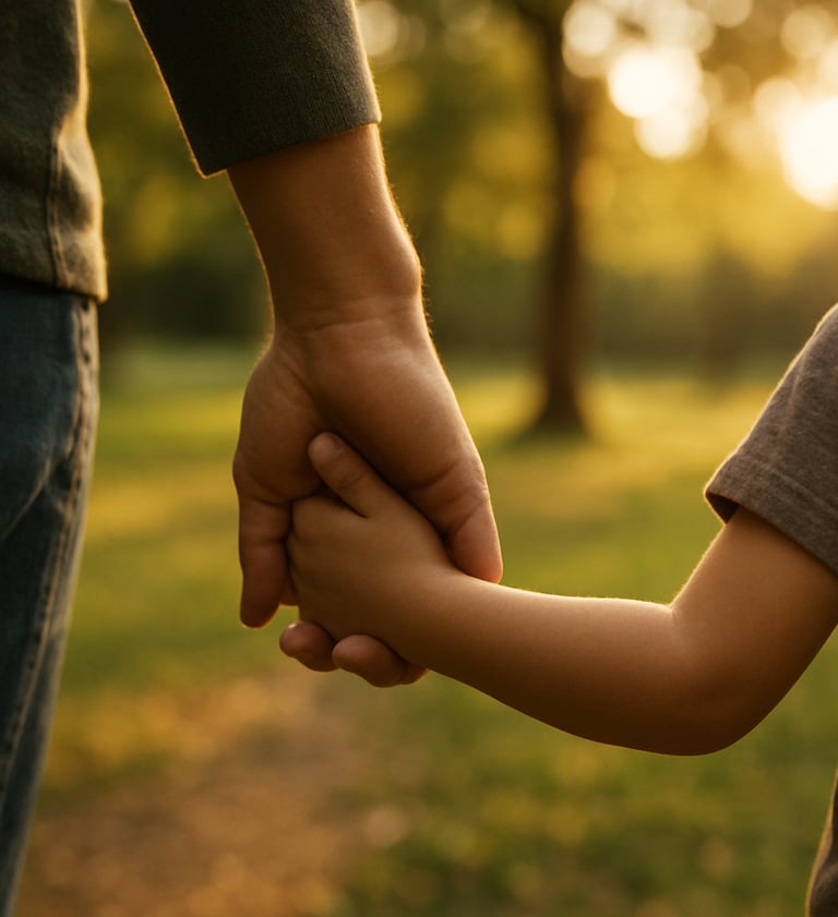 A cinematic, soft-focus shot of a parent and child's hands intertwined during a walk in a sun-drenched North American park. The lighting is warm and natural, highlighting the authentic connection and gentle movement.