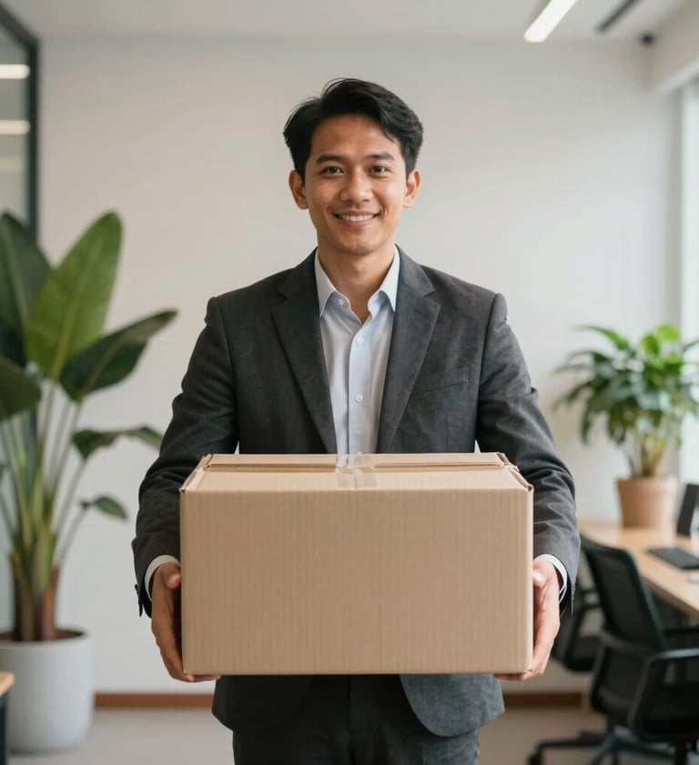 A professional Southeast Asian / Indonesian business manager in smart casual attire holding a high-quality eco-friendly cardboard packing box in a bright, modern, minimalist office with green indoor plants, warm professional lighting, realistic photography.