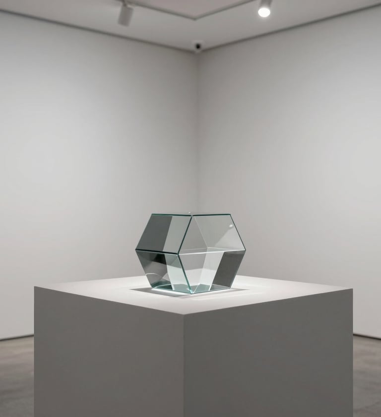 Minimalist still life of a geometric glass object placed on a matte gray plinth, North American / European gallery setting, soft overhead lighting, intentional use of negative space, palette of light gray and whites.