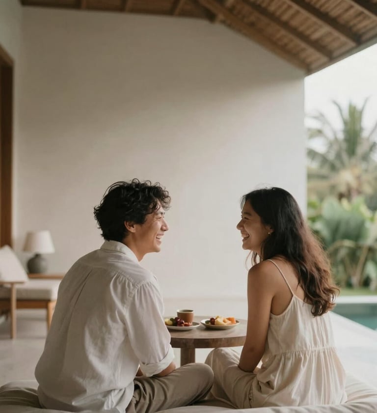 Candid laughing moment of a couple sitting at a minimalist villa in Bali. Soft morning light, intimate emotion, timeless artful memory. The visual palette subtly includes #C7B7A3, #2A362B, and #F7F3EE.