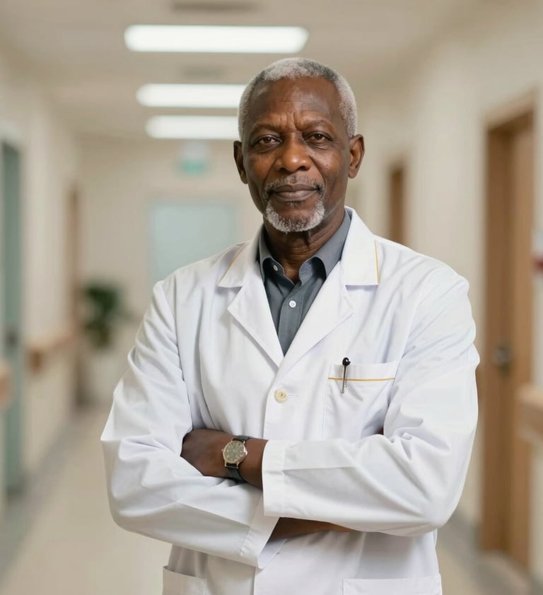 Professional portrait of a senior West African medical director in a crisp white lab coat with gold trim details, standing confidently in a modern, clean Nigerian hospital corridor, soft warm lighting, clinical excellence, trustworthy and premium healthcare.