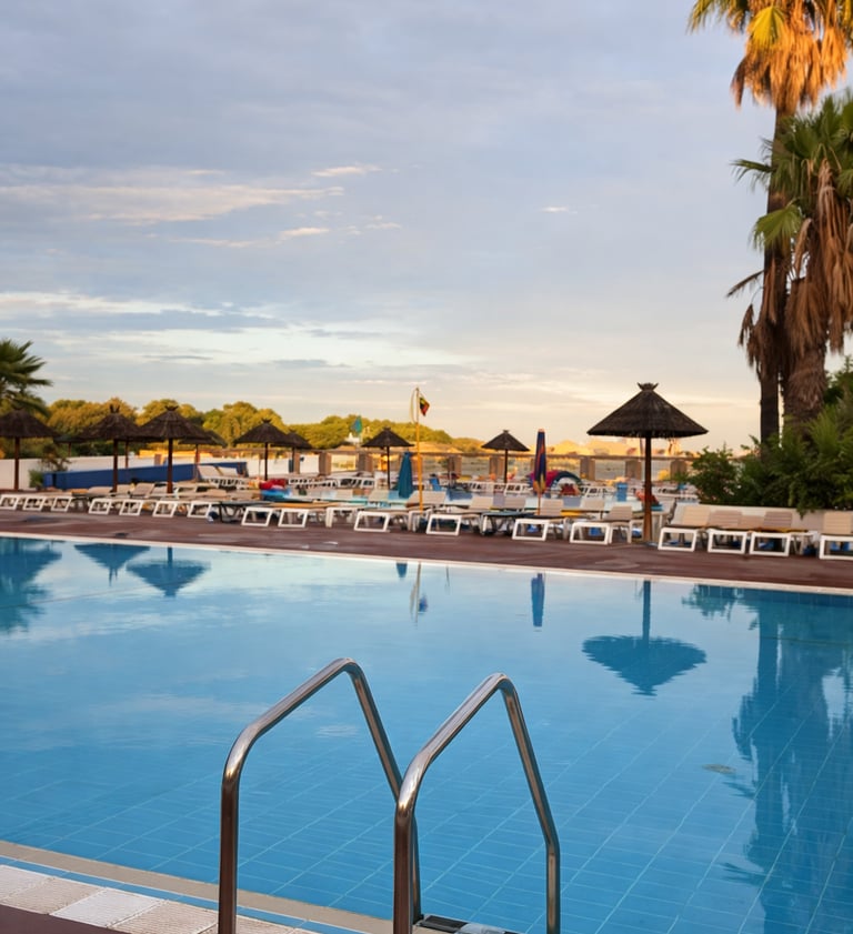 Piscine chaufée du camping Siblu Le Lac des Rêves à Lattes avec transats et palmiers