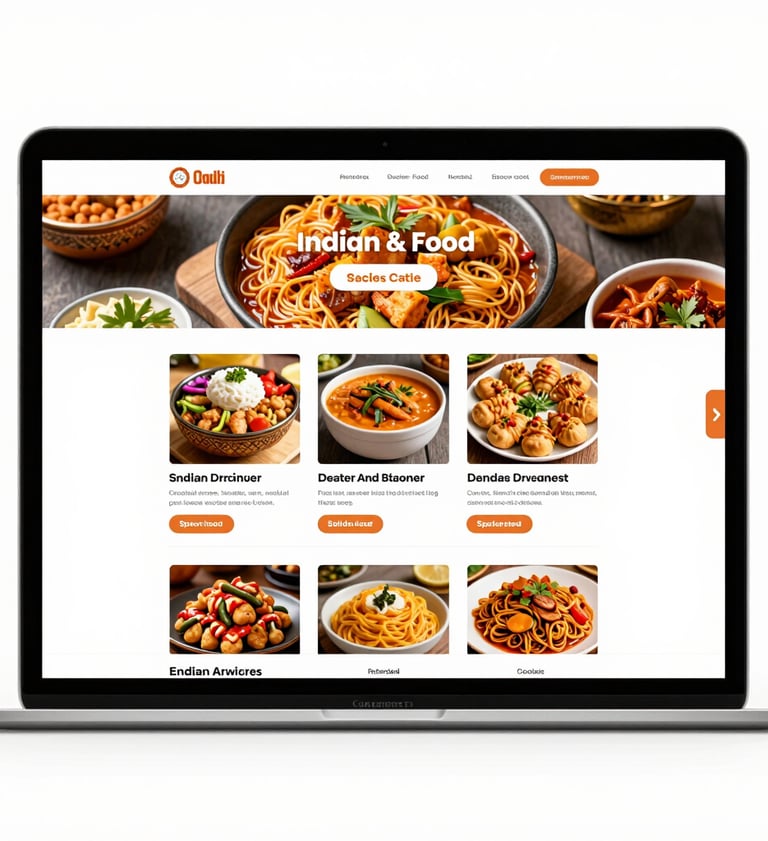 Pantalla de computadora portátil que muestra un moderno sitio web de entrega de comida india con fot