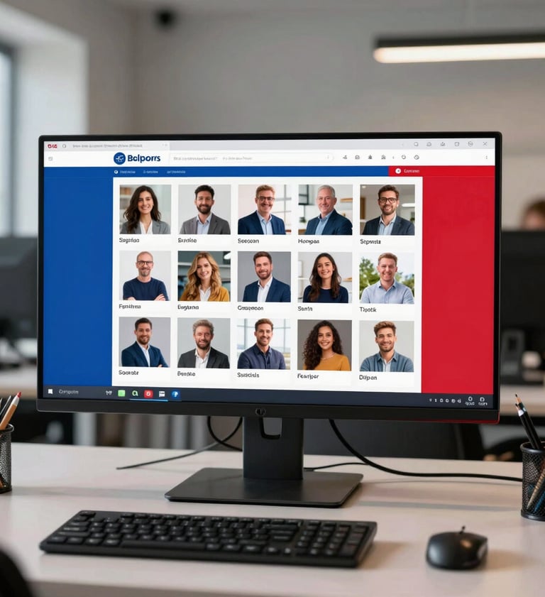 A professional workspace setup in a Central European office with a designer reviewing a social media grid layout on a screen, corporate lighting, with a brand palette touch of matte blue and crimson red