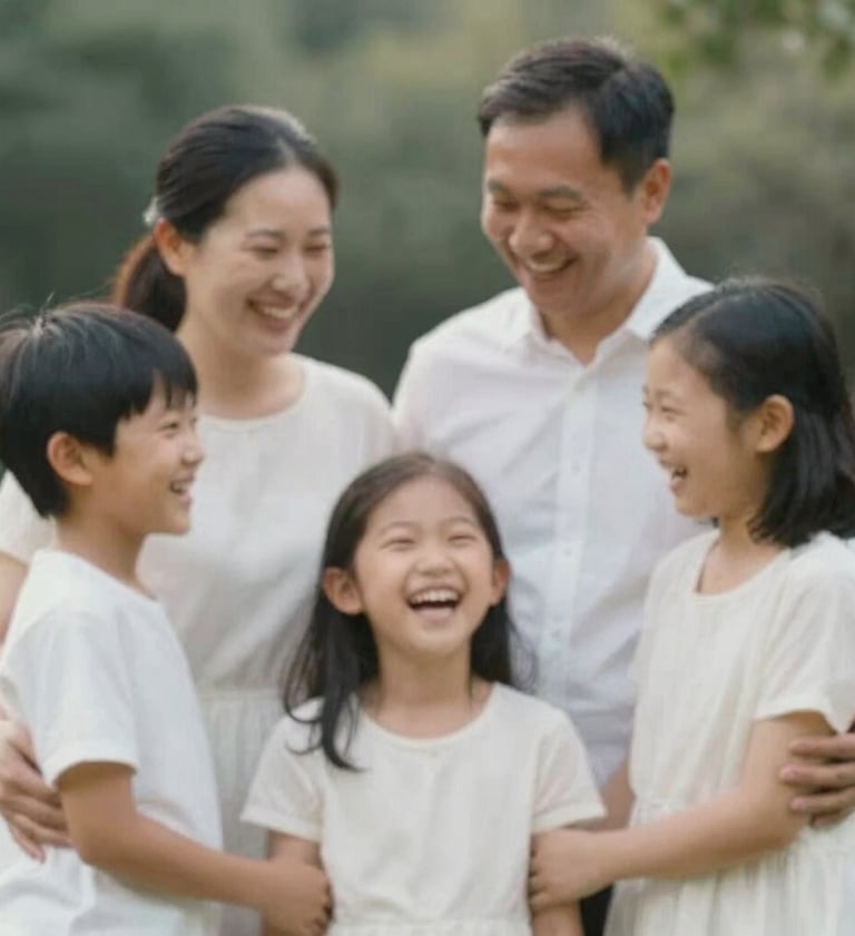 A vertical composition showing a candid, heartfelt moment of a family laughing together during a portrait session. The color palette includes #4C6A65 in the soft background foliage and #F5F2EC in their clothing. Serene and soulful storytelling style.