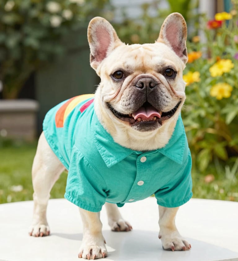 perro con camisa azul turquesa con lineas amarilllas y naaranjas