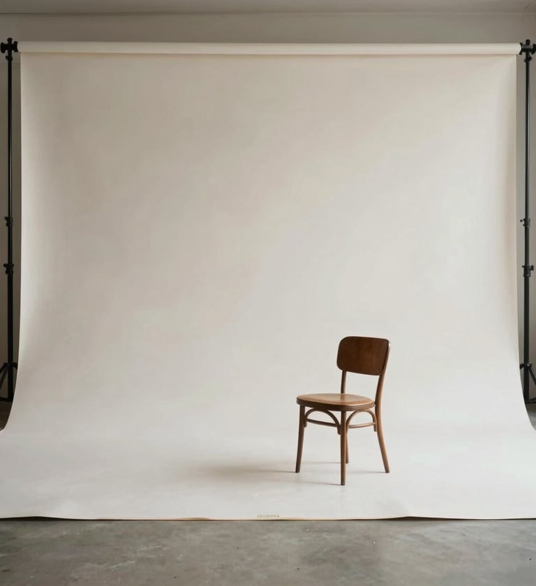 A wide, atmospheric shot of a minimalist photography studio in Brest. Sparse furniture including a single vintage chair against an off-white backdrop. Sophisticated and quiet composition.