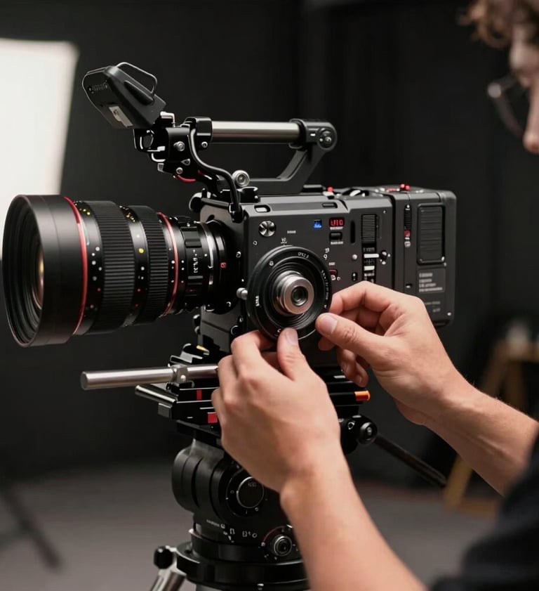 A cinematic shot of a professional cinematographer's hands adjusting a focus wheel on a high-end camera rig in a dimly lit North American / US luxury studio.