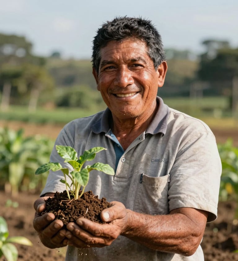 A detailed medium shot of a Colombian farmer smiling warmly, holding a handful of freshly harvested soil with young green sprouts, sunny day, professional and hopeful style.