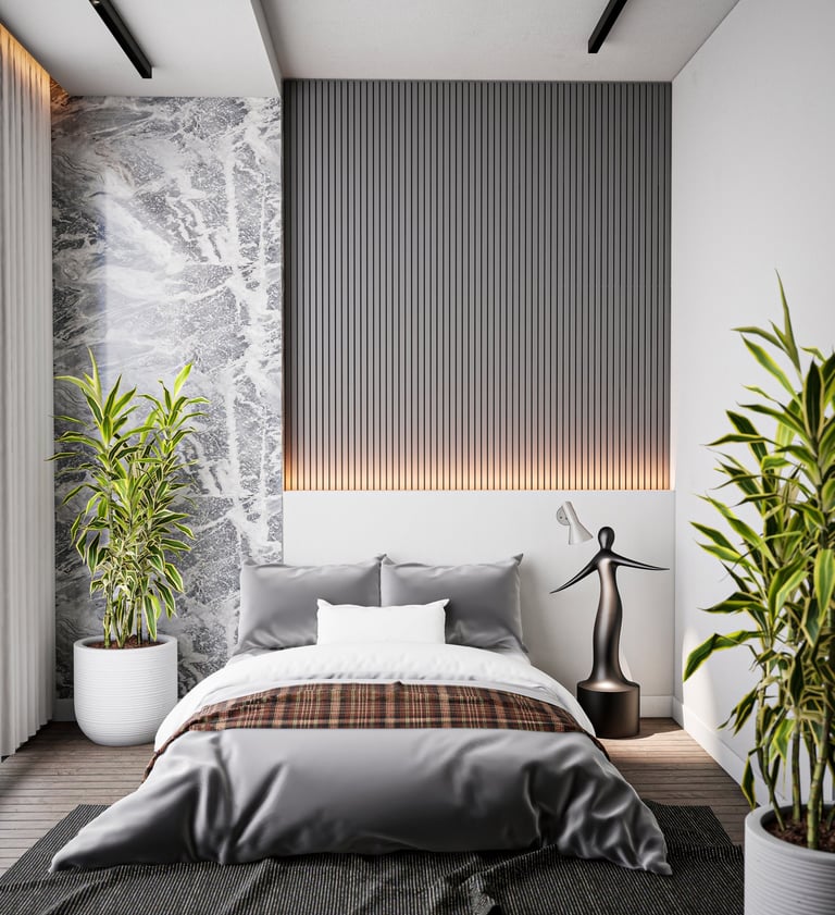 Modern master bedroom featuring a grey slat wall, marble accent panel, and lush green indoor plants.
